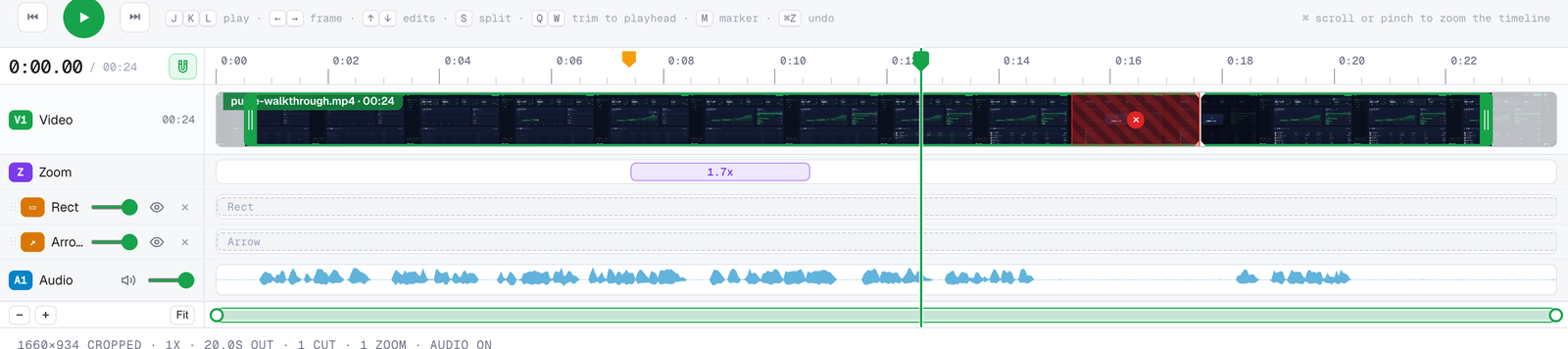 The screensnap timeline: a big timecode, a ruler, the recording as a filmstrip clip, colour-coded zoom, annotation and audio tracks, and a zoom and pan bar